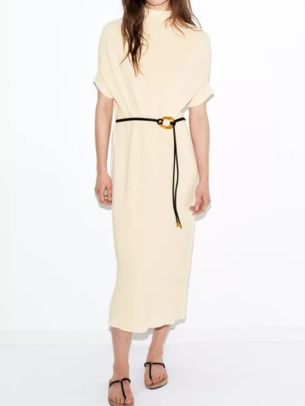 Zara Belted Knit  Stretch Midi Dress in Cream Sz-L